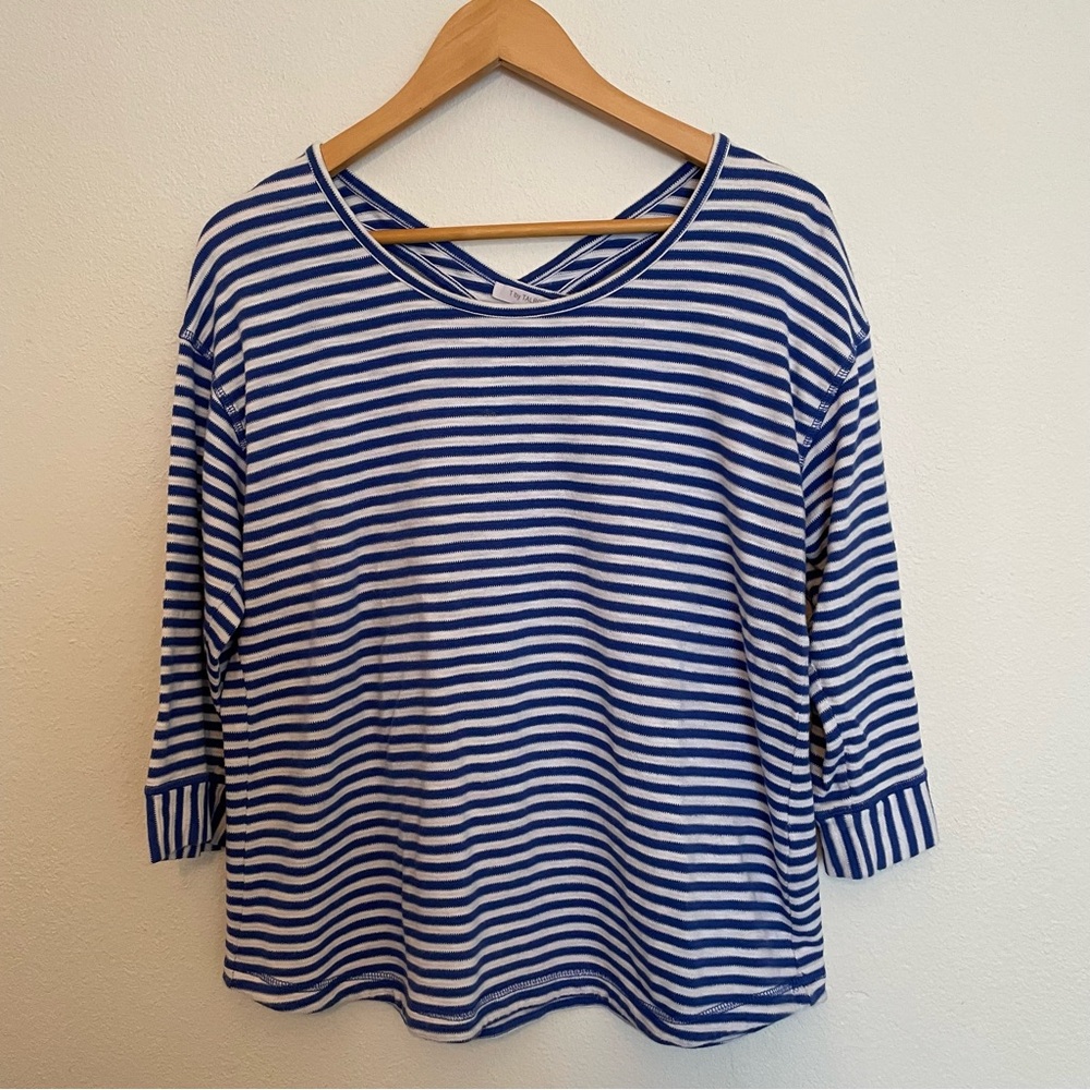 T By Talbots Crisscross Back Blue/White Striped 3/4 Sleeve Top Women’s‎ Size L